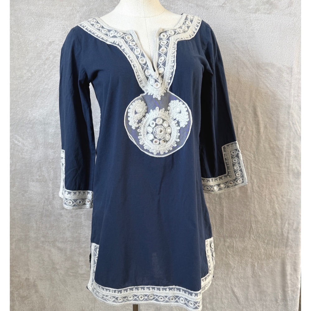 Debbie Katz Cotton Embroidered Tunic swim cover Top size Small blue vacation